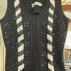 LL European extensively beaded sleeveless top, european sz 42, black knit
